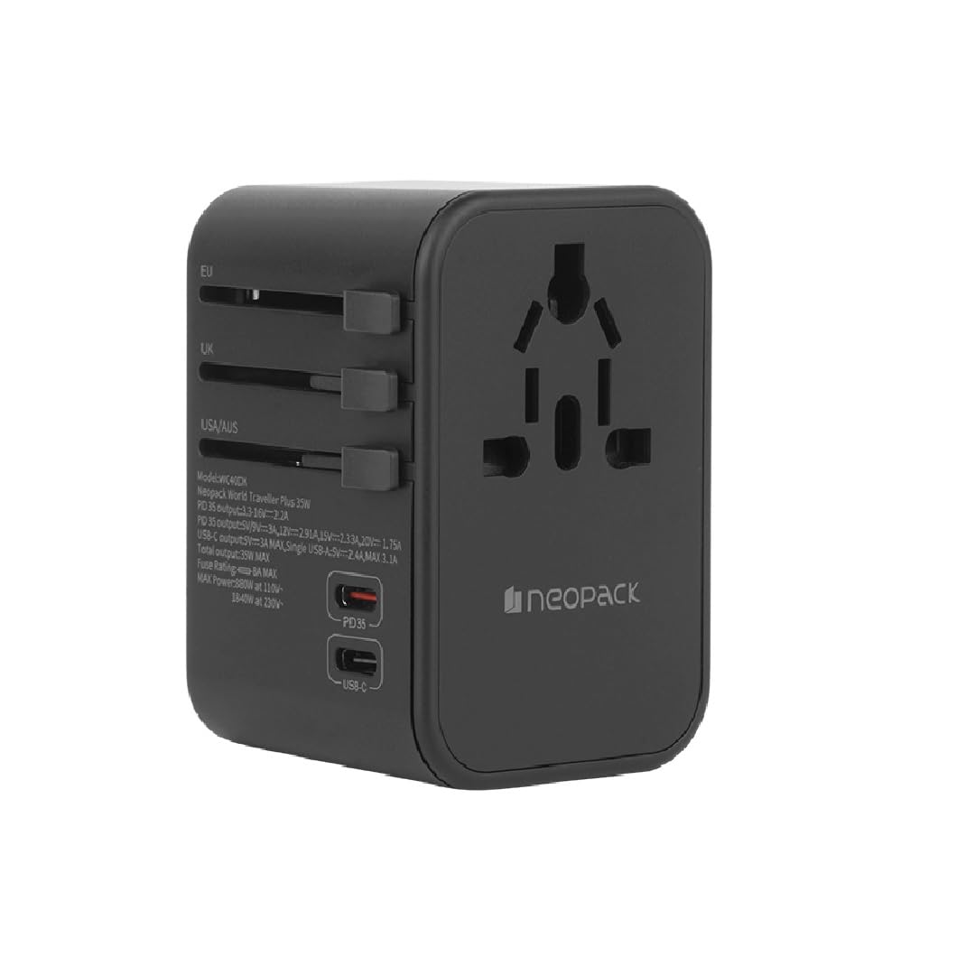 NeopackNeopack World Traveller Plus Adapter 35W with India Plug, 2 X USB-C PD + 3 X USB A Pots, All in One Worldwide for USA, EU, UK, AUS (Black)