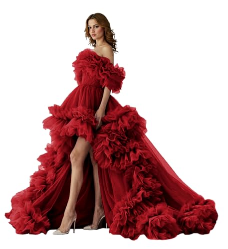 Tulle Off Shoulder Prom Dresses with Ruffles Long Strapless Ball Gowns Women High Low Wedding Party Dress Vestido de Tul para Mujer Wine-red