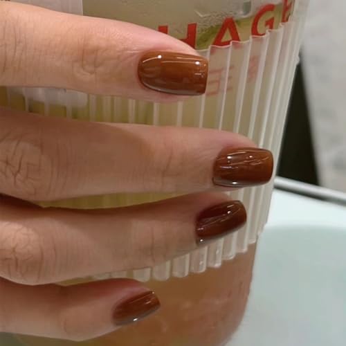 MouyouGlow Press on Nails Kurz,Squoval Kaffee Braun Einfarbige Glossy Fake Nails Kunstnägel,Coffee Brown Solid Plain Künstliche Fingernägel …
