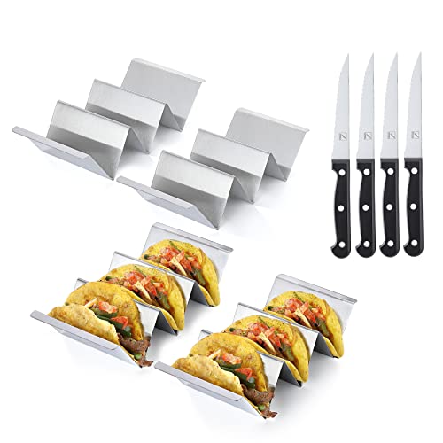Taco Holder, Cokuma 8Pcs Taco Holders (4Pcs Taco Stand And 4Pcs Steak Knives), Stainless Steel Taco Racks With Handles, Oven & Grill & Dishwasher Safe Taco Trays, Perfect Combination For Taco Tuesday #TOP4
