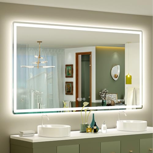 SMIROR LED Bathroom Mirror with Lights 66"x 36", Rounded Rectangle Lighted Vanity Mirror for Wall, Front Lit and Backlit, 3 Colors, Dimmable, Anti-Fog, Tempered Glass (Horizontally/Vertically) by SMIROR - Used condition - US$322.99
