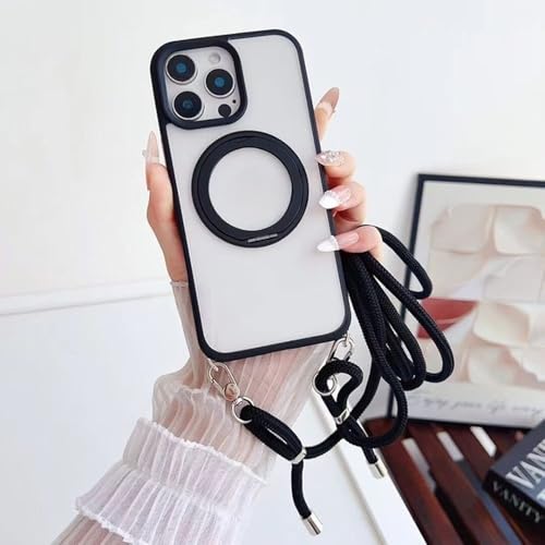 Étui magnétique iPhone 15 Pro Max transparent antichoc avec lanière bandoulière et support