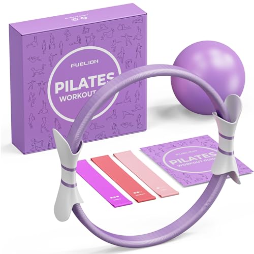 Fuelion Pilates Ring Set 14" Magic Circle with Dual Padded Handles| 9.8" Pilates Mini Ball| Resistance Bands(15, 25, 35 lbs)|Pilates Equipment for Strength,Flexibility,Stability,Toning-Purple