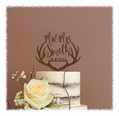 Personalized Wedding Cake Topper with Deer Antlers, Rustic Country Style