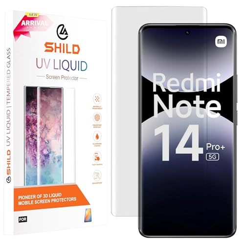 Image of SHILD Advanced HD+ UV Tempered Glass Screen Protector for Redmi Note 14 Pro 5G / 14 Pro Plus 5G (6.67 Inch) - Full Adhesive UV Curved Screen Guard, 9H Hardness, HD Clarity, Case Friendly, Easy Installation Kit - Pack of 1