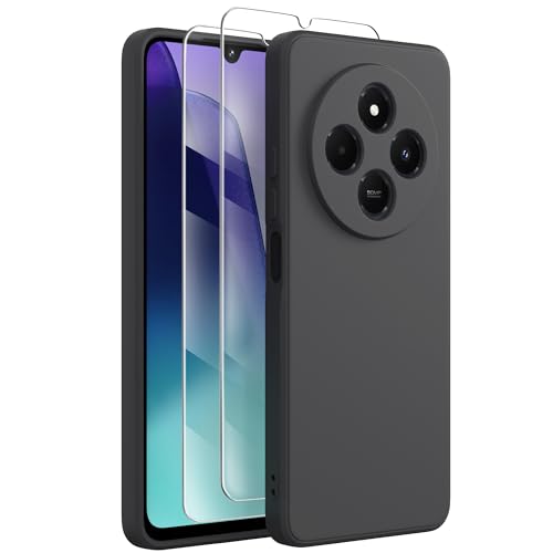 FUNHULLUN Hülle Kompatibel mit Xiaomi Redmi 14C Handyhülle mit 2 Stück Glasfolie Mikrofaserfutter Schutzhülle Liquid Silicone Dünne Weiche Schutz Stoßfest Kratzfeste Case -Schwarz