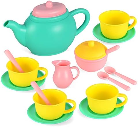 JOYIN Pretend Play Tea Party Set Play Food Accessories BPA Free Phthalates Free Plastic Tea Set, Gifts for Toddler Boys Girls Ages 1,2,3,4,5,6 Years Old (Colors May Vary)