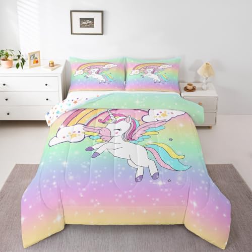 jejeloiu Cute Rainbow Kids Comforter Set Full Size Unicorn Bedding