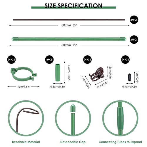 Buaszay 12 Inch Plant Support Stakes, 24 Pack Adjustable Garden Single Stem Floral Flower Support Stakes, Planter Support Sticks With Rings Connect Pipes Clips For Potted Plants Orchid #TOP1