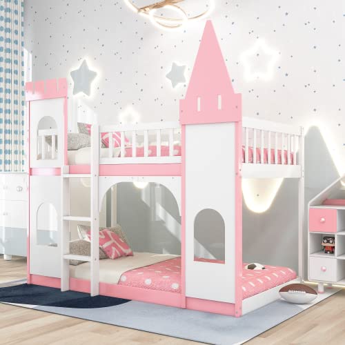 Harper & Bright Designs Twin Over Twin Kids Bunk Bed, Twin Loft Bed with Castle Shape Design, Wooden Floor Bunk Beds for Girls Boys Bedroom Dorm, Pink