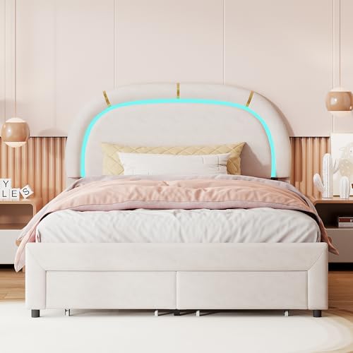 BLSYHDH Cama Infantil, Cama tapizada de 140 x 200 cm para niños, Cama tapizada para niños con Camas Princesa con LED, Cama Individual con cabecero y somier, Cama Juvenil para niñas con cajón