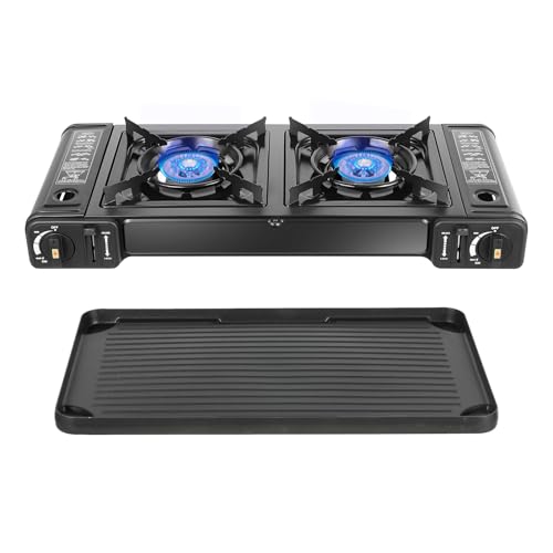 Double Burner Butane Stove, Butane Camping Stove Kit with Baking Pan and Carrying Case, Portable Camping Burner for RV, Apartments, Outdoor