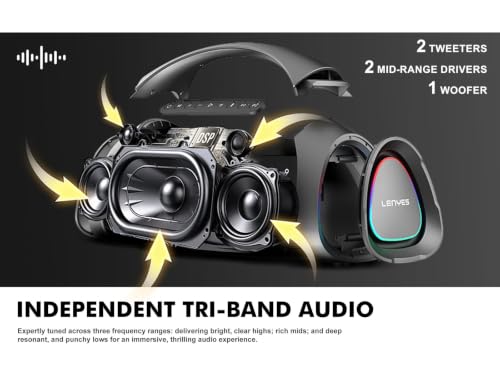 Image of Lenyes S873 Bluetooth Party Speaker with Auracast Technology, 400W Peak Power, Karaoke Speaker with 2 Wireless UHF Mics, 30000mAh Battery, 60W Fast Charging, IPX6, RGB Lights Guitar Input, App Control