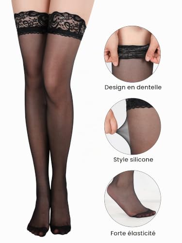 Boao 3 Paires Bas Hauts de Cuisse en Dentelle Collants Bas en Soie (Noir, S-M) – vue 5