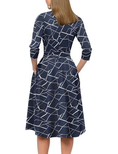 Image of Simple Flavor Womens Floral Vintage Midi Dress 3 /4 Sleeve | with pockets, Fit and flare aline, Knee-length, Church, Semi-formal, Wedding guest, Retro tea party & derby outfits