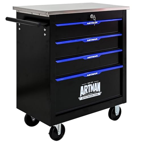 nifoti 4-Drawer Rolling Tool Chest with Stainless Steel Countertop,Tool Chest with Secure Locking System,Mobile Storage Tool Cabinet with 360°Wheels and Padded Feet,for Home, Garage (Black+Blue)