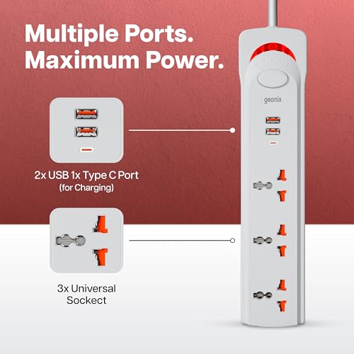 Image of Geonix PowerSpan U3 | Extension Board /Strip, 1500 Watts, 6 Amps, 1x Type C Port, 3X Universal Socket, 2X USB Port, LED Indicator, On /Off Switch, Wall Mountable, 3mtr Long Copper Cable (White)