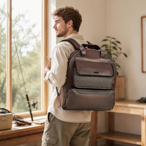 Mochila de pesca de dos capas marrón en lona impermeable 3