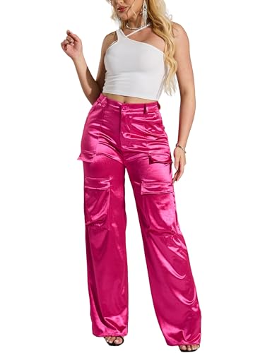 XNMHL 2000s Pants for Women Tall Metallic Long Fashion Pleather Faux Leather Dressy Silk Clothes Going Out (Hot Pink, L)