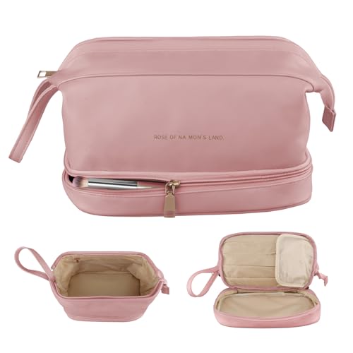QLoztyse Trousse de maquillage de voyage pour femme – Trousse de maquillage double couche, grand organisateur portable en cuir avec compartiments pour filles, rose, Tendance et polyvalent