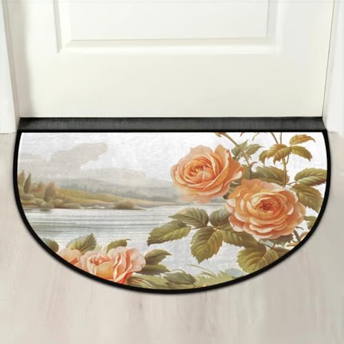 Image of cfpolar Half Round Door Mat Vintage Rose Flower Non-Slip Semi Circle Area Rug Washable Half Moon Hearth Rugs for Indoor Outdoor Bathroom Kitchen Patio Runner Mat Laundry Room Home Decoration