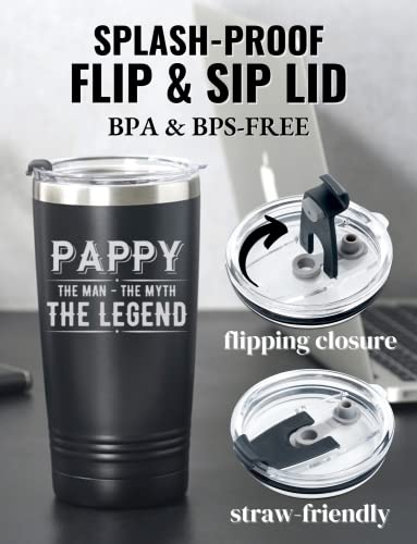 Image of Onebttl Pappy Gifts Tumbler from Granddaughters and Grandsons for Christmas Birthday Father's Day, Stainless Steel Cup with Lid, 20oz /590ml - The Man The Myth The Legend