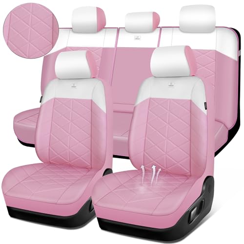 CAR PASS Nappa Leather Seat Covers for Car, Waterproof Seat Covers Full Set, Luxury 3D Rhombus Lined Sponge Airbag Compatible Universal Fit for Automotive SUV Truck Pickup Sedan, Pink White