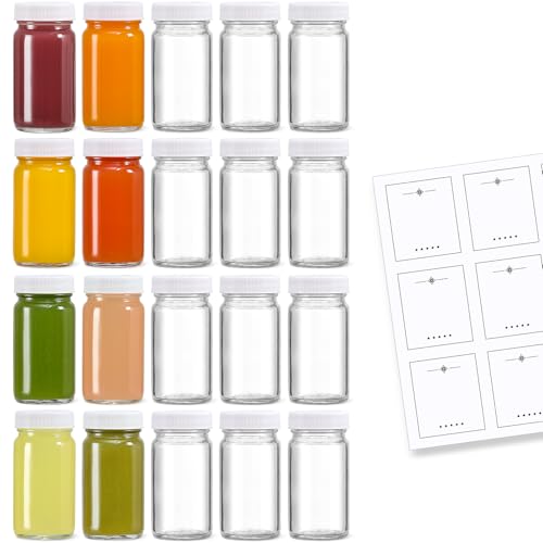 20 Pack 2 oz Glass Shot Bottles w/ White Lids & 20 Labels - Small Clear Jar for Ginger, Wellness Shot, Juice, Sample, Whiskey - Travel Essentials Mini Bottles - Wide Mouth, Leakproof, Dishwa