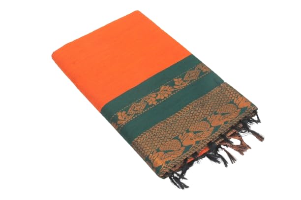 Elampillai Kalyani Cotton Sarees – Portland Orange body with Mineral green Border - 100% Cotton Sarees-image-1