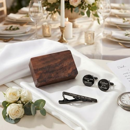 Image of Colingmill Father of the Bride Gift Dad of the Bridegroom Cufflinks Tie Clip Set with Engraved Wood Gift Box for Dad