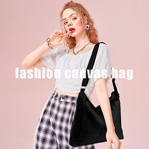 Ndeno Hobo Bags For Women Crossbody Shoulder Tote Bag Canvas College School Student Handbags Casual Shopping Work Travel Bag (Black) #TOP5