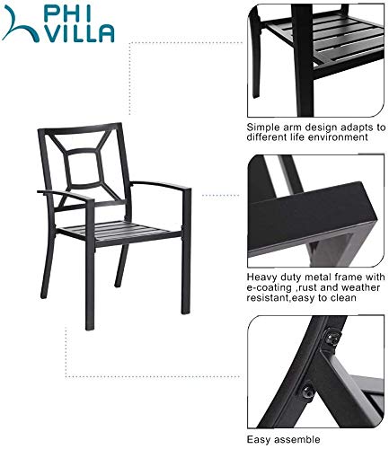 Phi Villa 5 Piece Metal Patio Dining Set Armrest Dining Stackable Chairs And Larger Square Table Set, 37" Square Bistro Table And 4 Backyard Garden Chairs - Umbrella Hole 1.57", Black #TOP7