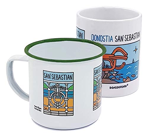 DONSOUVENIR Tazas San Sebastian. Pack Duo: Taza MUG Ceramica + Taza Metalica Estilo Retro.