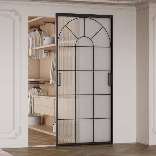 Image of Opening Size 30 inch -36 inch x72-85 inch H Fluted Glass Barn Door, Concealed Sliding Barn Door with Soft Close, Waterproof Modern Sliding Door for Bathroom /Kitchen Privacy, 5 /16 inch(8mm) Tempered Glass,