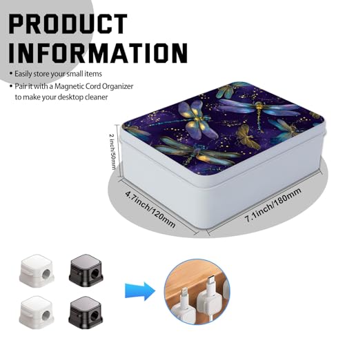 Image of Metal Tin Box with Lid,Multi-functional Storage Large Box Can Store Tea Biscuits Game Cards, Playing & Tarot Cards-Comes with 4 Magnetic Cord Clips,Dragonfly Fantasy