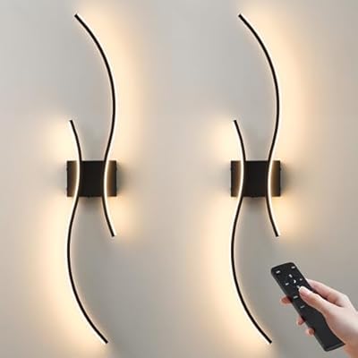 KARTOOSH Battery Operated Wall Sconces Set of Two with Remote Control, Stepless Colors 3000K-6000K & Dimming, LED Black Wireless Wall Light for Living Room, Hallway, Bedroom, 39.3 Inch (2 Pack)