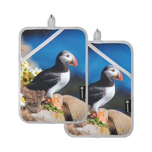 Aflyko Potholder Puffin Seabird Oven Hot Pad with Hand Pocket Pot Holder Set 2 Pack Oven Mitt with Hanging Loop Kitchen Countertop Trivet Baking, Cooking, BBQ Mitten