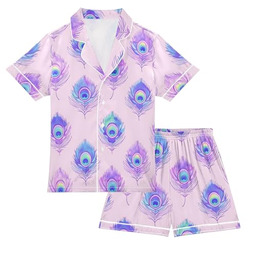 Pastel Watercolor Peacock Feathers Pajamas Set Summer Button Down Sleepwear Pjs Sets Comfy Loungewear