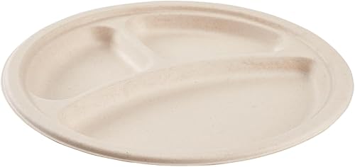 Miniatura 5 de KARAT EARTH Platos compostables de bagazo 10" - 500 ct 3 compartimentos, biodegradables, aptos para microondas, sin PFAS  Color natural