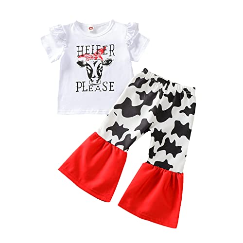 Daddy is Home Toddler Girls Short Sleeves Infant Kids Cow Head Sunflowers Top Letters Prints Outfits