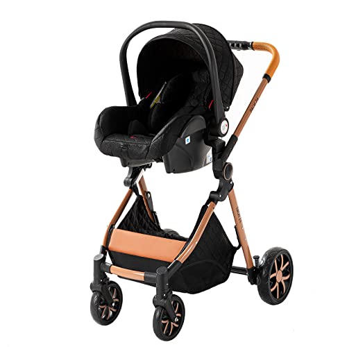 Standaardbuggy's Kinderwagen 3 in 1 Hoge Landschap Kinderwagen Liggende Kinderwagen Opvouwbare Kinderwagen Babywieg Pasgeboren Kinderwagen (Zwart Goud) - Afbeelding 5