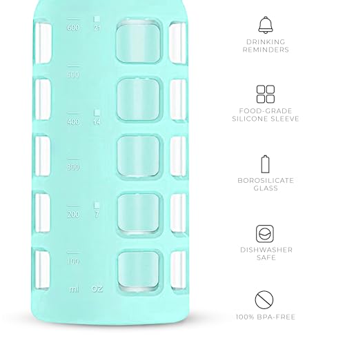 purifyou 40oz / 32oz / 22oz / 12oz Borosilicate Glass Water Bottle with Time & Volume Markers, Silicone Sleeve, Stainless Steel Lid | Reusable Glass Bottle for Water & Juice (22oz Glow-in-the-Dark)