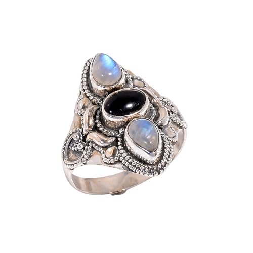Rainbow Moonstone and Black Onyx Ring 925 Sterling Silver Handmade Design Statement Rings Jewelry (11)