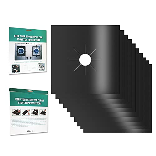 10 Pack Stove Burner Covers - Non-stick Reusable Teflon Range Guard Protectors for Gas Stove Top, Easy to Clean,Cutable, Black, 0.2 mm,10.6” x 10.6”