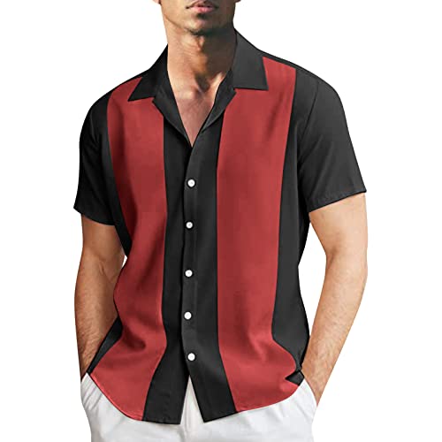 Gefomuofe Camisa clásica de manga corta para hombre, camisa de bolos a rayas bicolor con cierre de botones, camisa hawaiana, camisa de verano, camisa de bolos vintage, camisa de bolos rockabilly,