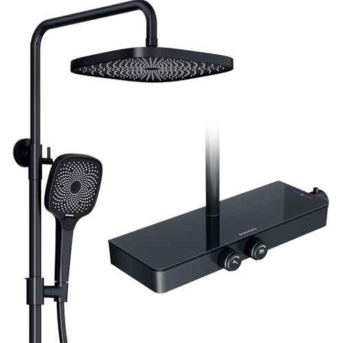 Rainsworth Duschsystem mit Thermostat und Glasablage - Ein-Tast-Bedienung & Durchflussregelung Duscharmatur Komplettset, Regendusche 26 x 26 cm, Handbrause 3 Strahlarten - Duschset mit Armatur Schwarz