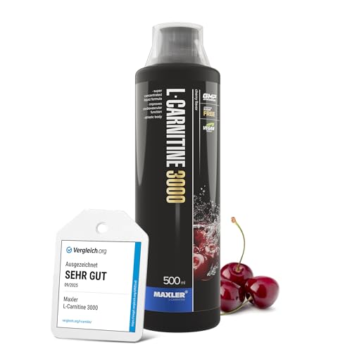 Maxler L-Carnitine 3000 - Kirsche - 500ml - Hochdosiertes L Carnitin Liquid - Vegane Nahrungsergänzuing - 3000mg Wirksotff pro Portion - 20 Portionen - Inklusive Messbecher