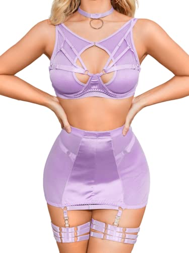 Kaei&Shi 6Pc Strappy Cutout, Sheer Stretchy High Waist Skirt Garter Set G-String