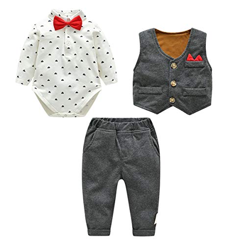 Toddler Baby Boy 3 Piece Formal Outfit Suit with Bows Waistcoat Gentleman Tuxedo Sets for Infant Boys Gray