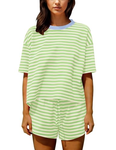 Image of Ythomm Striped Pajamas Shorts Sets Women 2 Piece Lounge Outfits Short Sleeve Tees Drawstring Shorts Summer Matching Pj Sets